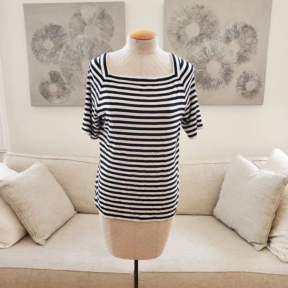 TALBOTS Navy/ White Stripe Short Sleeve Top Size Medium